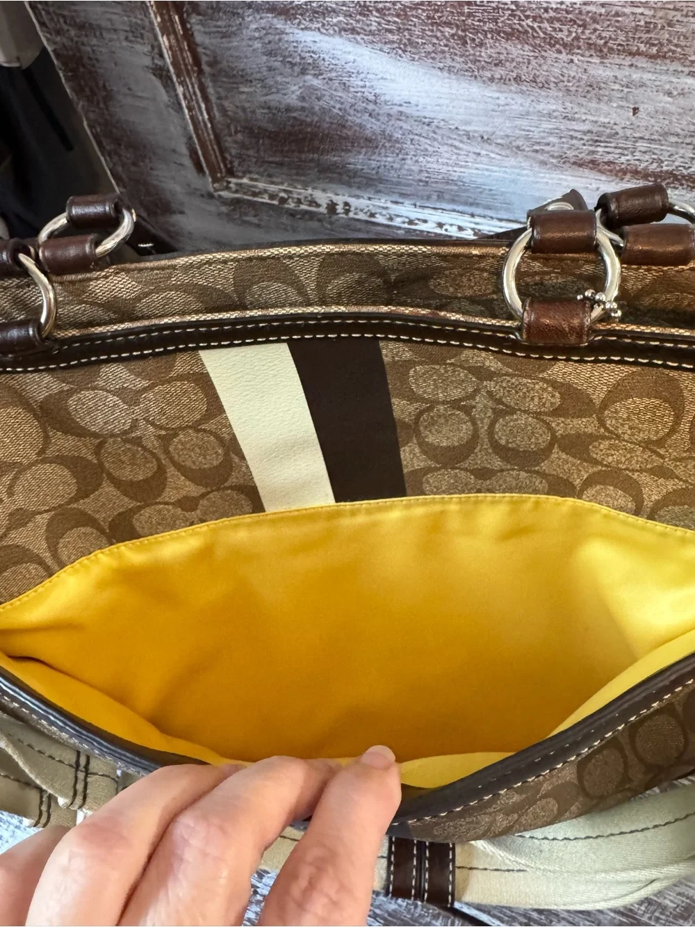 Coach Brown Signature Diaper Bag with Cream and Dark Brown Stripe